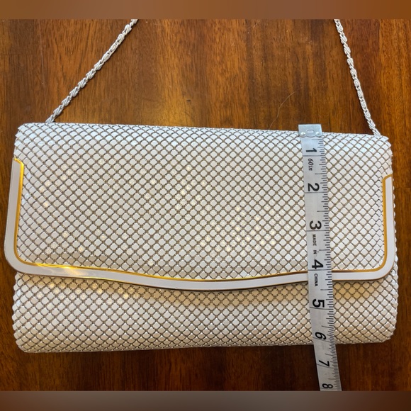 White mesh rhinestone gold accents chain link strap evening purse clutch - Picture 7 of 8
